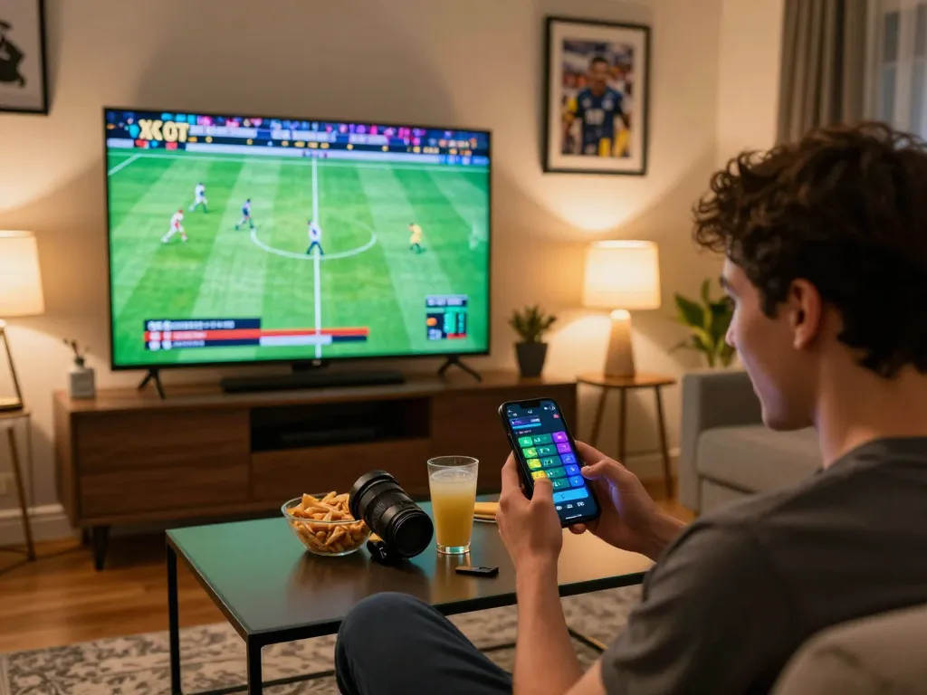 Person engaged in sports betting using keobongda app on smartphone during a live football match