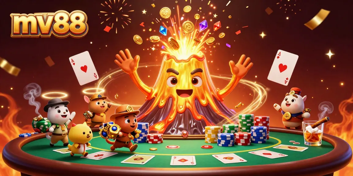 Experience thrilling wins at mv88 with exciting poker tables and a golden volcano erupting treasures.