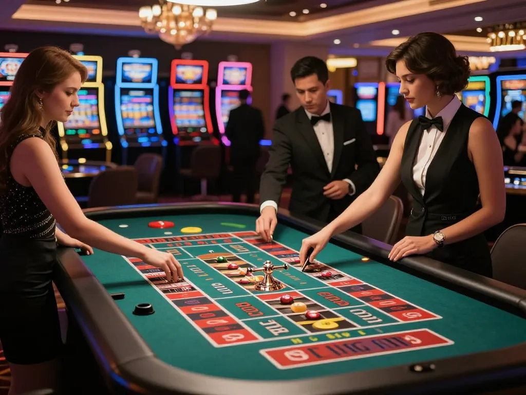 TR88 players eagerly betting at an exciting roulette table in a vibrant casino atmosphere