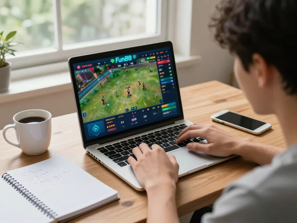 Engaging in Fun88 sports betting from a cozy home setting, showcasing live odds on a laptop.