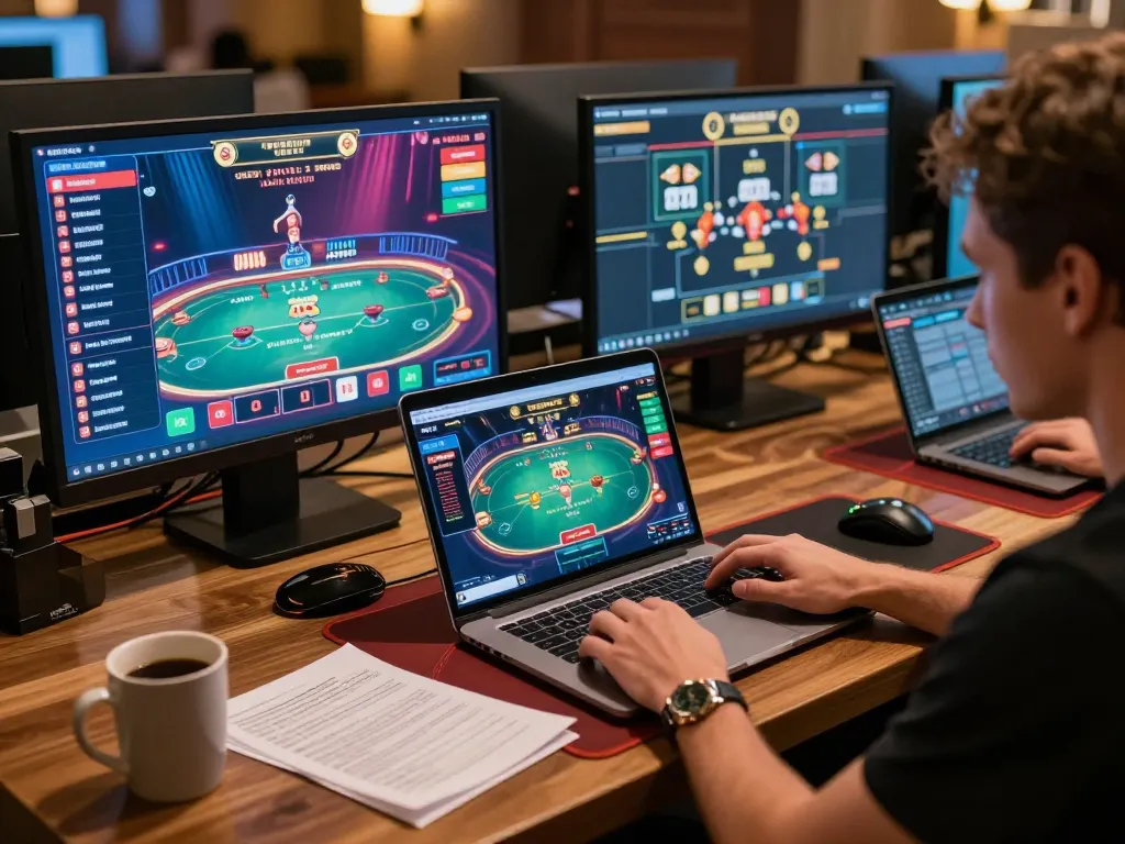 Player strategizing with f8bet poker game on multiple screens in a well-lit home office setup.