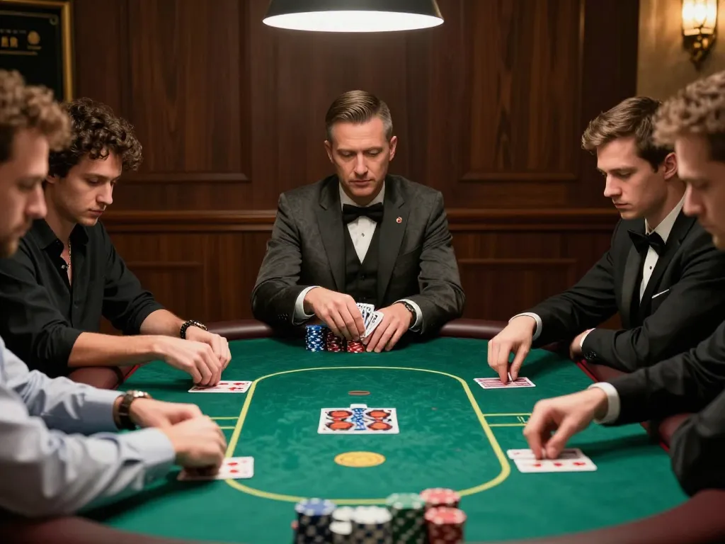 Engaged poker players in a strategic game at a luxurious table, gamebaidoithuong8 showcased.