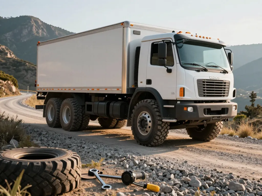 RR99 tires on a commercial truck, showcasing durability on mixed terrain.
