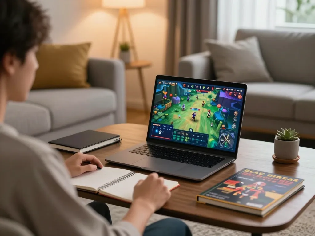 Engaging in game bài đổi thưởng on a laptop in a cozy living room promotes responsible gaming.