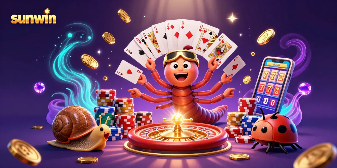 Engage with sunwin’s vibrant 3D casino scene featuring a millipede dealer and snail high-roller amidst games and excitement.