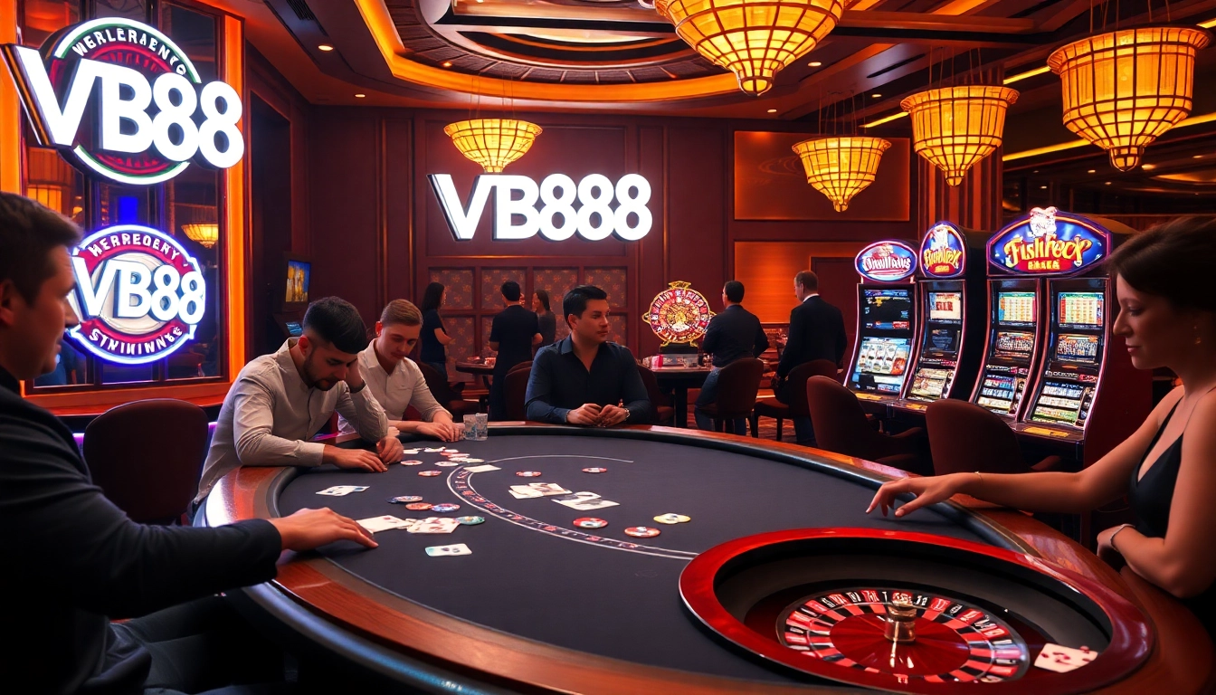 Engage with the thrill of gambling at the VB88 casino, showcasing poker tables and vibrant slot machines.