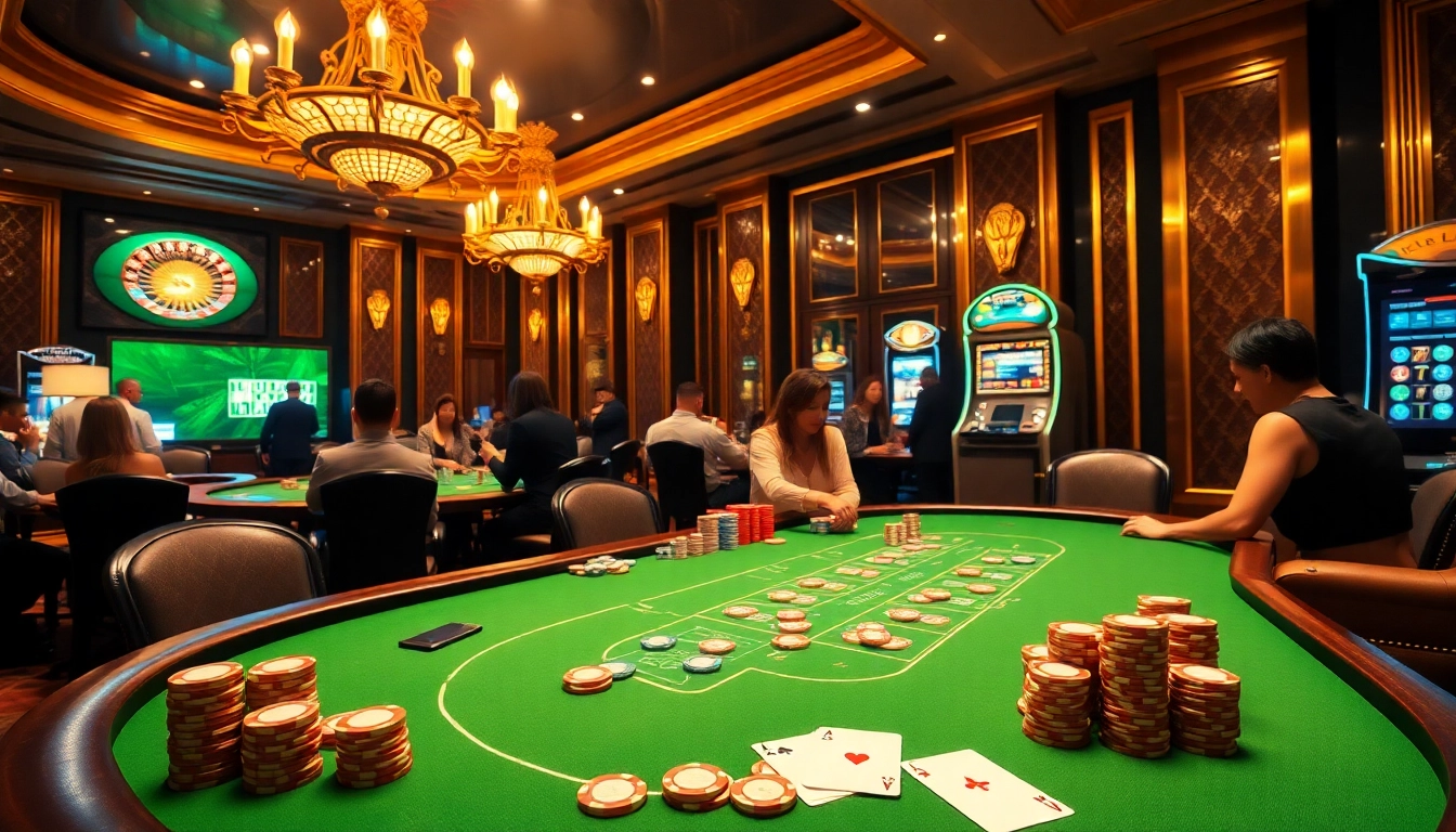 Experience thrilling games at chotruyen's upscale casino with vibrant poker tables and roulette wheels.