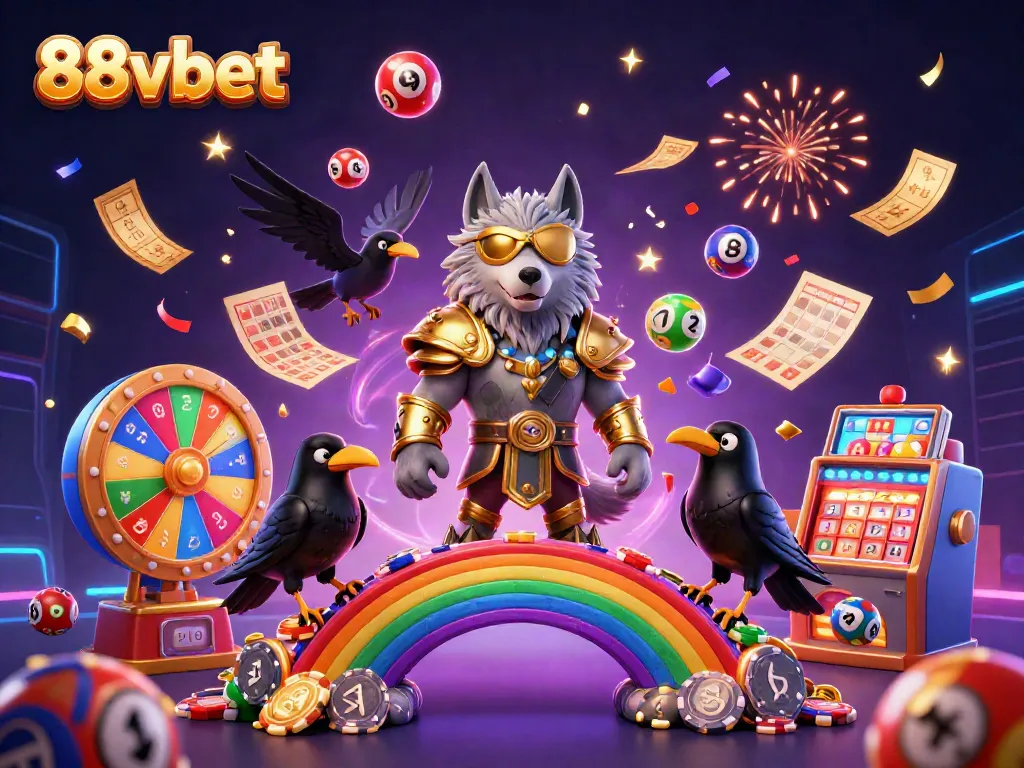 Engage with 88vbet's exciting gaming experience showcased through a dynamic 3D illustration featuring Norse-inspired characters, vibrant casino elements, and celebratory visuals.
