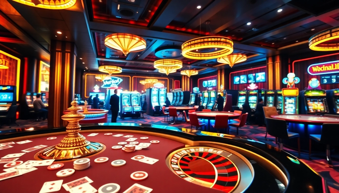 Players enjoying thrilling games at win55 casino, with vibrant cards and roulette wheel.