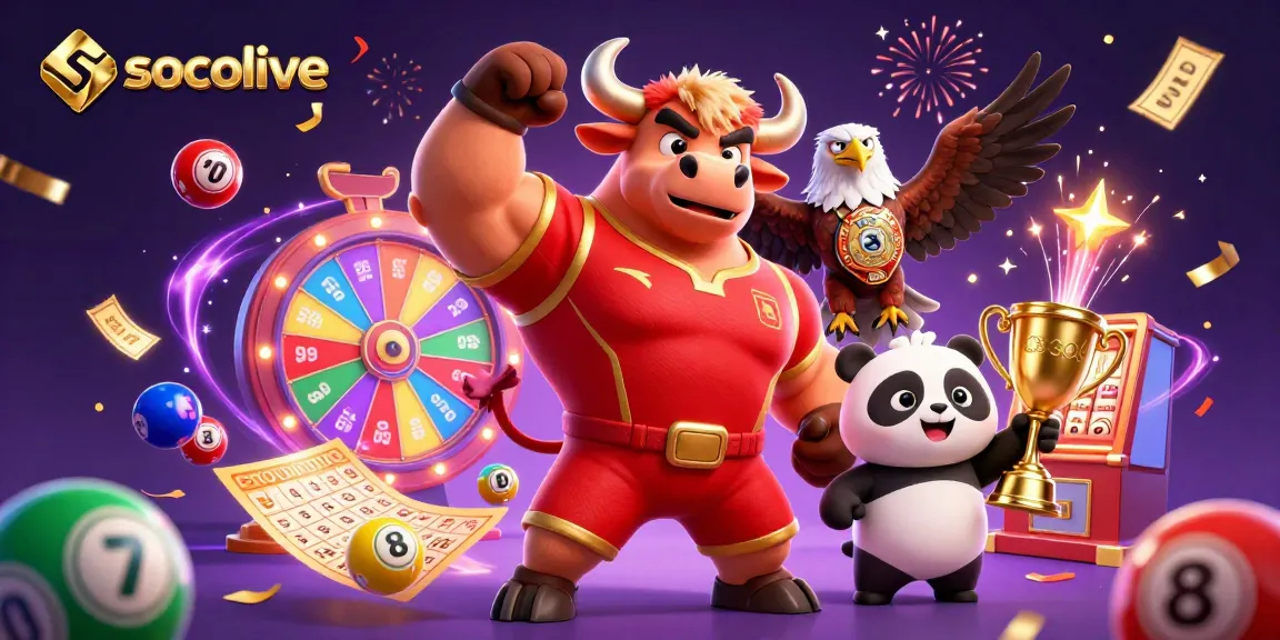 Socolive presents a fun bingo gaming scene with a victorious bull, an eagle champion, and a panda trophy.