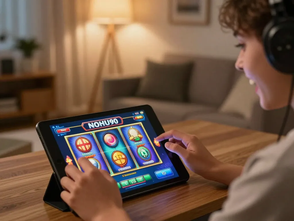 Nohu90 player spinning slots on a tablet during an exciting online gaming session at home