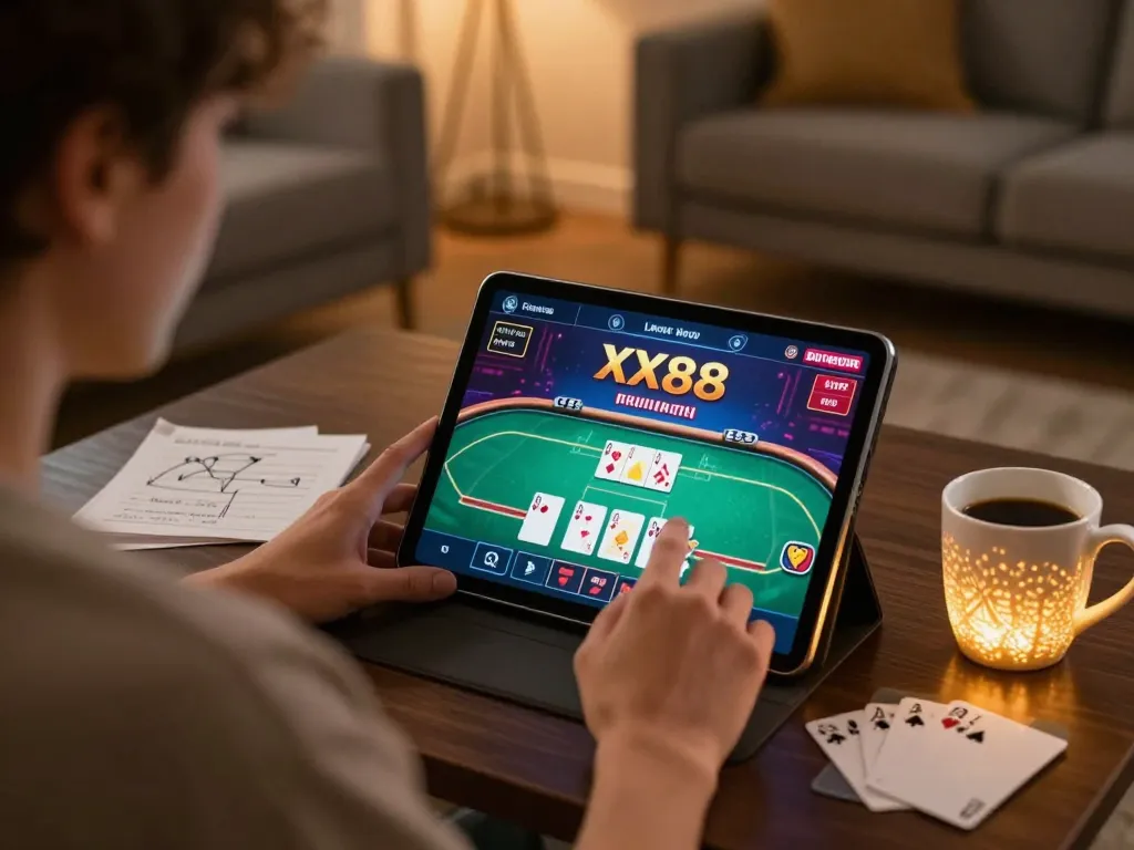 Experience strategic poker gameplay on XX88 using a tablet in a cozy, ambient setting.
