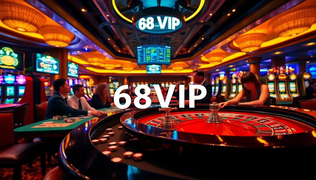 Experience excitement at 68VIP casino with players enjoying roulette and slot machines.