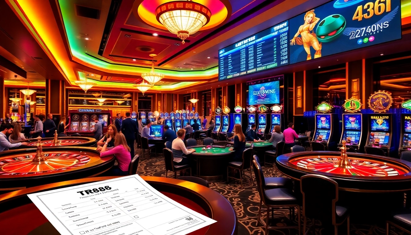 TR88 gaming scene with players engaging at dynamic casino tables and vibrant slot machines.
