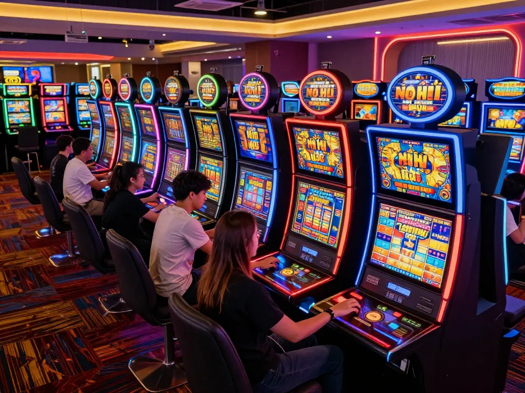 Nổ Hũ players celebrating winnings at vibrant slot machines on a bustling casino floor.