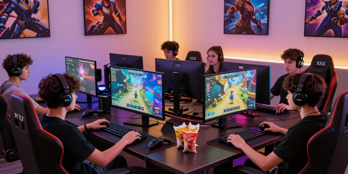 Players enjoying xxx games in a modern gaming setup with vibrant displays and snacks.