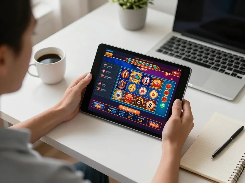 Engaging online gaming scene on a tablet showcasing co88 casino interface, surrounded by strategy notes and coffee.