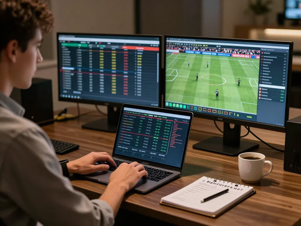 Soi kèo nhà cái displayed on laptop during strategic online betting session with live sports