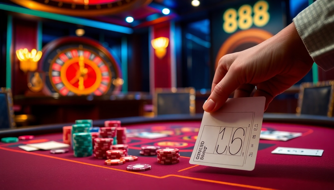 A vibrant casino scene at 888b showcasing an exciting poker game environment.