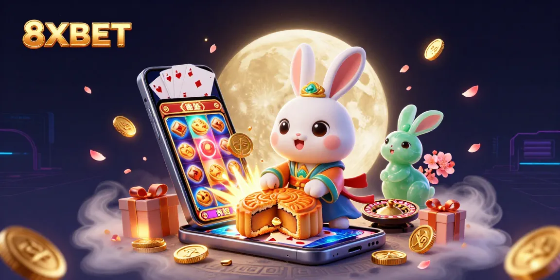 Engage with thrilling 8XBET gaming as the moon rabbit reveals poker chips within mooncakes.