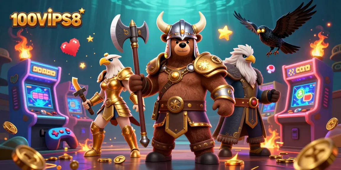 Engage in thrilling gaming adventures at 100VIPS8 with Viking and Valkyrie characters amidst dynamic casino elements.