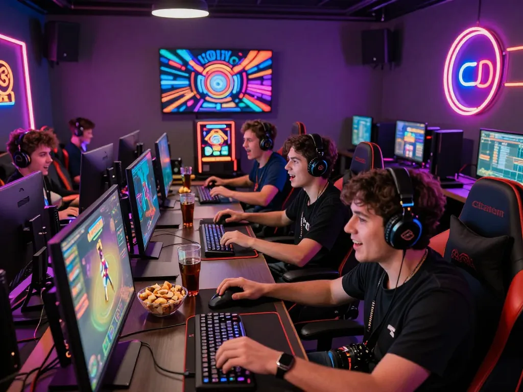 Exciting gaming atmosphere with players engaging in hitclub tải experiences and celebrating wins in a vibrant lounge.