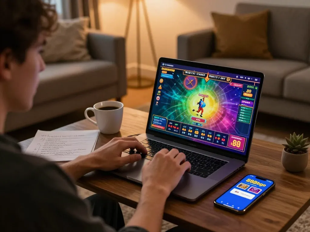 Player engaging with 888bgo online casino game on a laptop in a cozy home atmosphere.