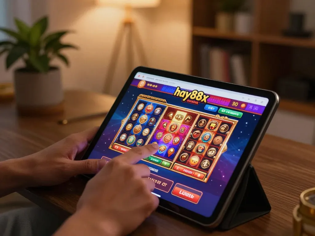 Engaging online gaming session with hay88x app on tablet showcasing exciting slot games
