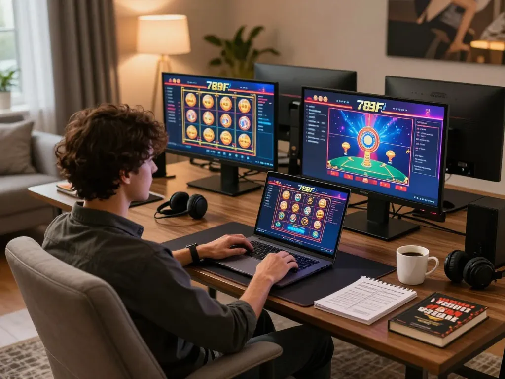 Engaging online gaming scene with 789F's vibrant casino interface, cozy home atmosphere.