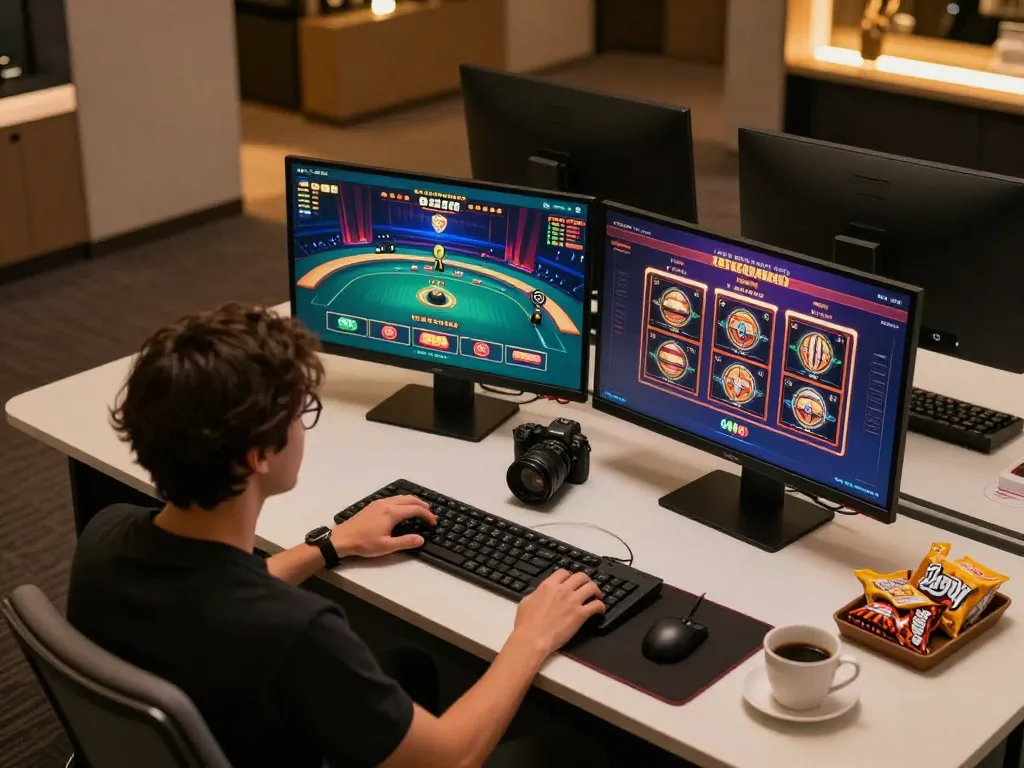 Player engaged in an exciting online casino game at sv88pl, showcasing monitors with diverse gaming options.