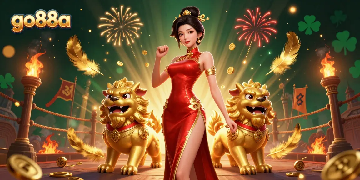 Join the excitement at go88a with a vibrant gambling scene featuring a glamorous woman, foo dog guardians, and thrilling casino elements.