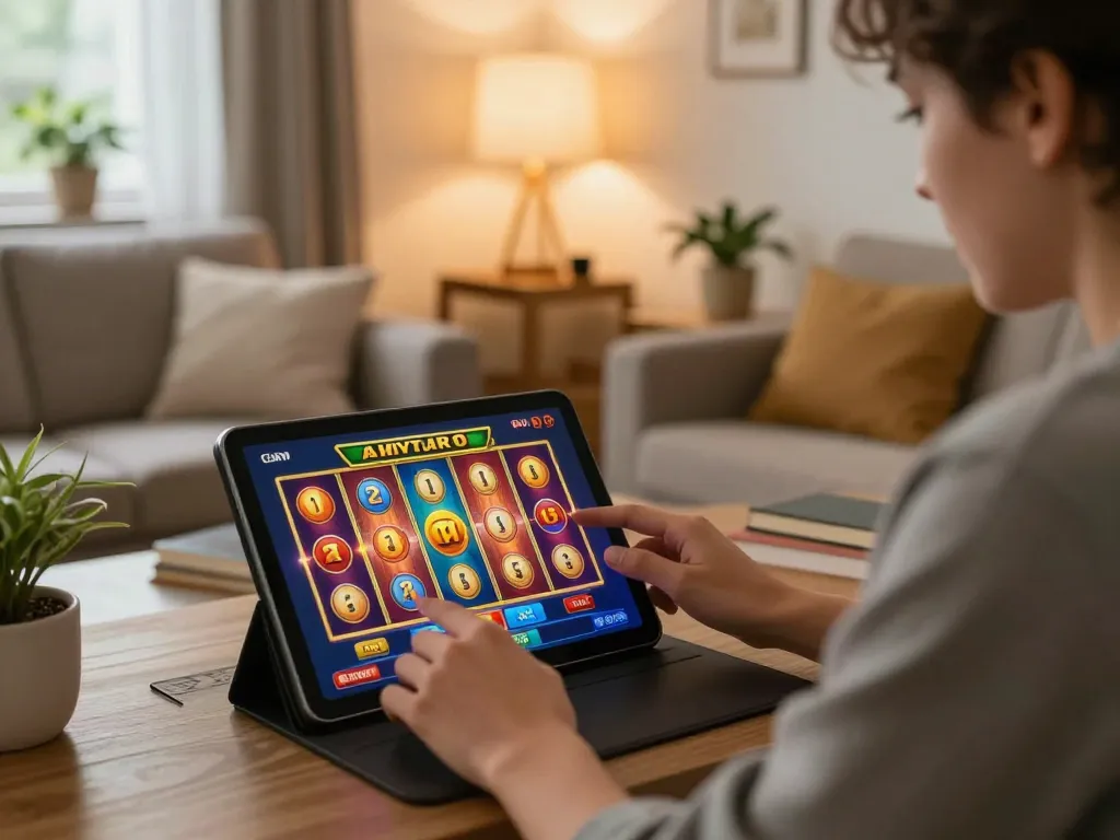 Engaged player enjoying Slot Malaysia online gaming on tablet, showcasing vibrant visual interface.