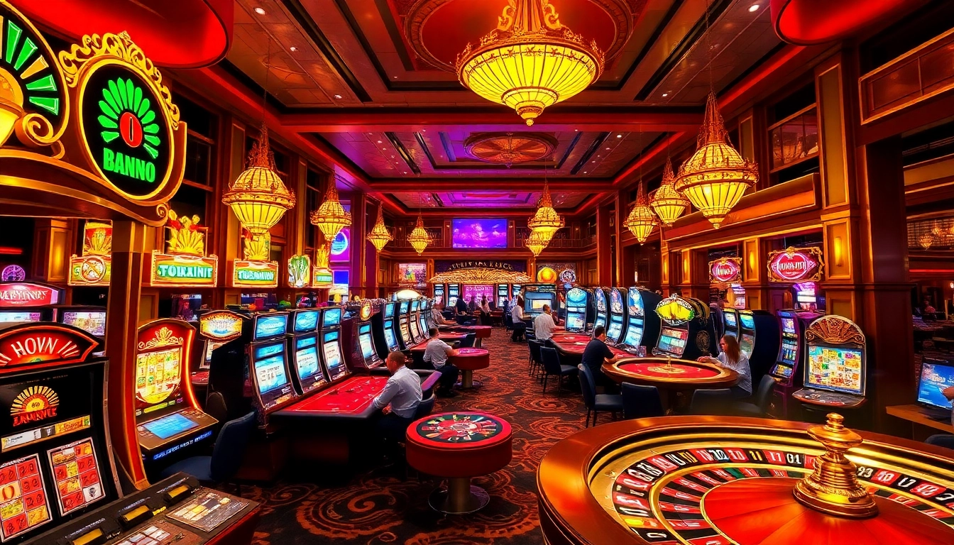 Players enjoying thrilling games at https://one88qq.com, showcasing vibrant slots and elegant casino tables.