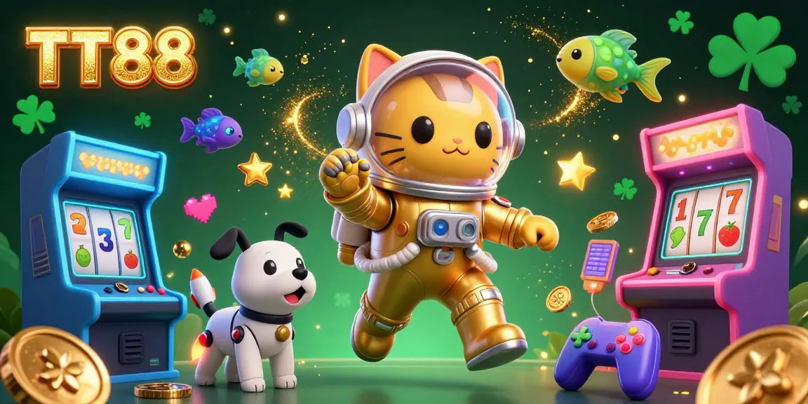 Engage with TT88's thrilling gaming experience through this dynamic 3D illustration showcasing a cosmic adventure with vibrant casino elements.