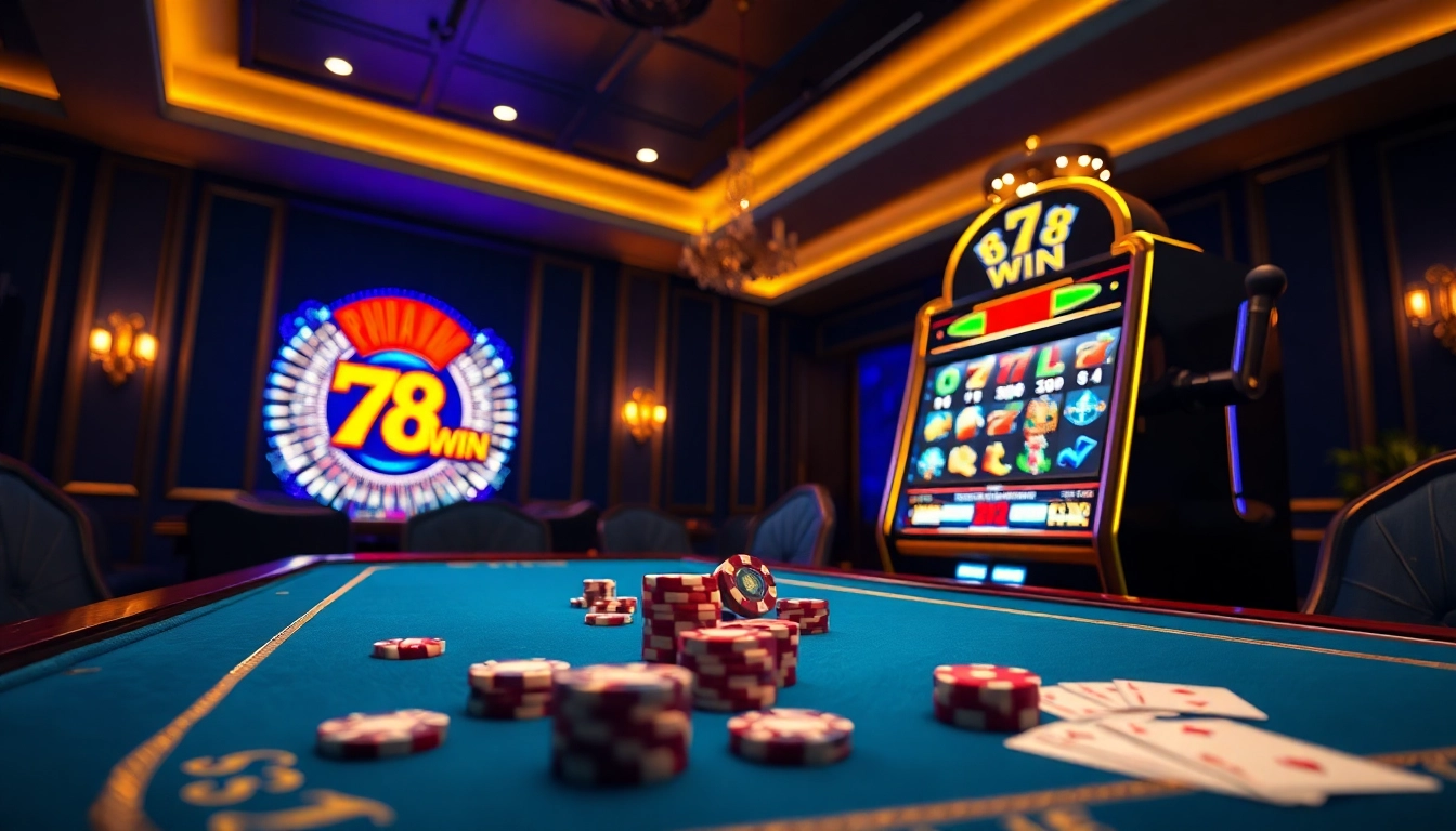 Exciting gaming scene at 78WIN casino with poker chips and slot machines.