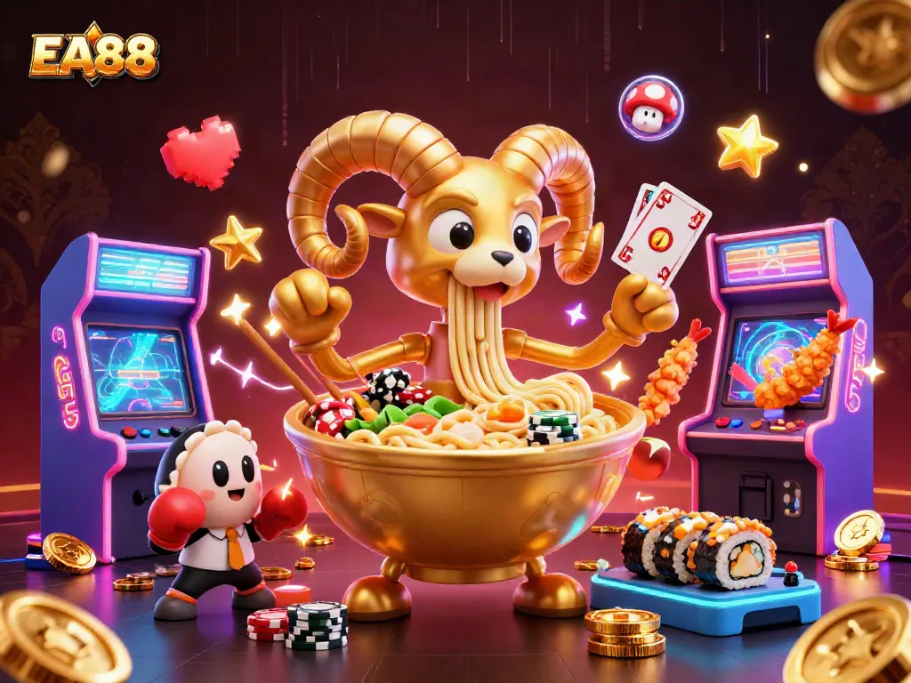 Engage with EA88's vibrant casino world featuring card-playing ramen and sushi dealers.