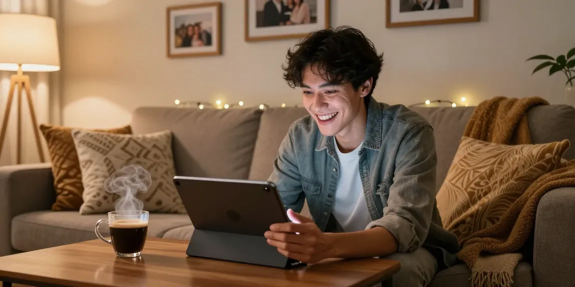 Young man enjoying a conversation with his AI girlfriend in a cozy living room, highlighting modern virtual companionship.