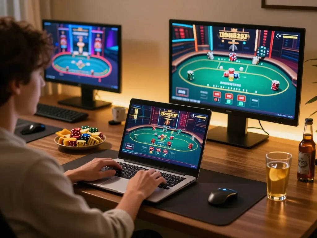 RR99 player enjoying live casino games at home with snacks and strategy notes visible