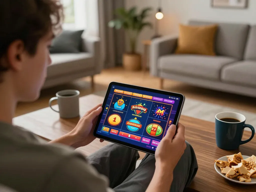 Engaging in online gambling with a tablet showcasing casino games, ensuring responsible gameplay at home, 122 strategies emphasized.