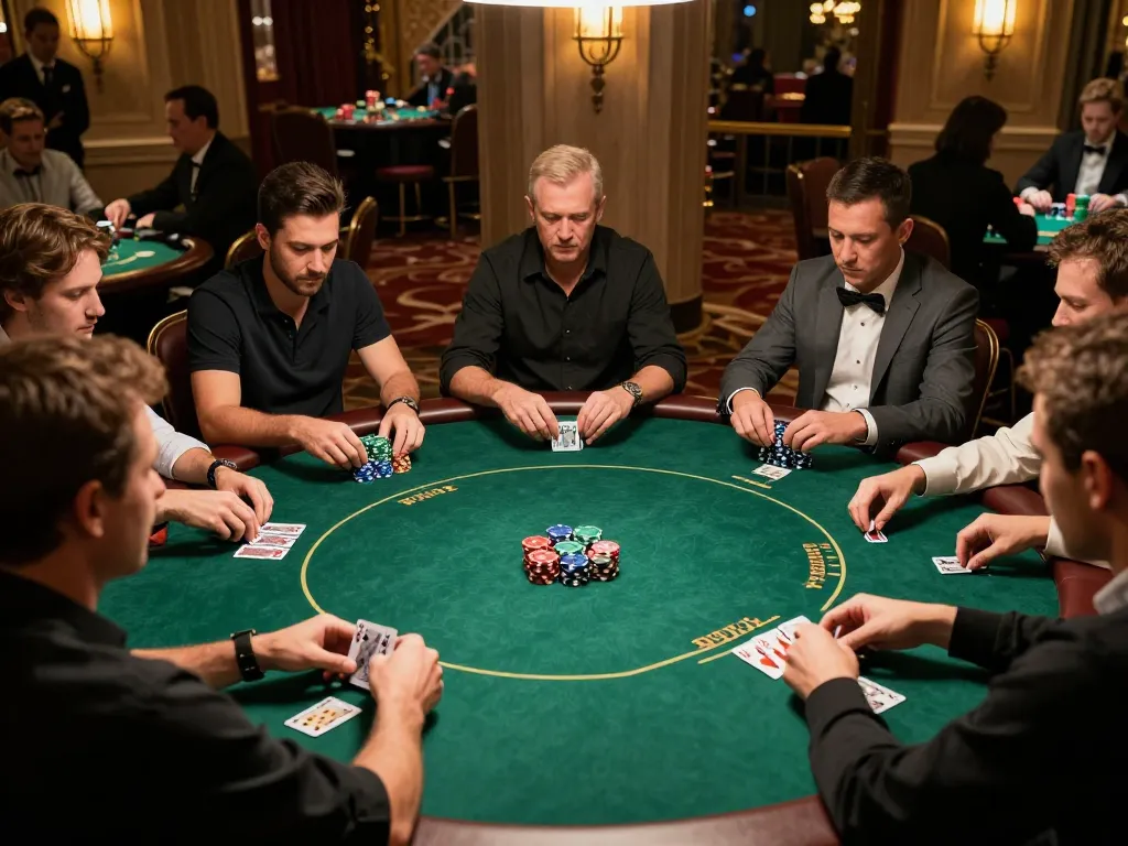 MM88 players enjoying an intense poker game atmosphere with strategic gameplay at a premium casino table.