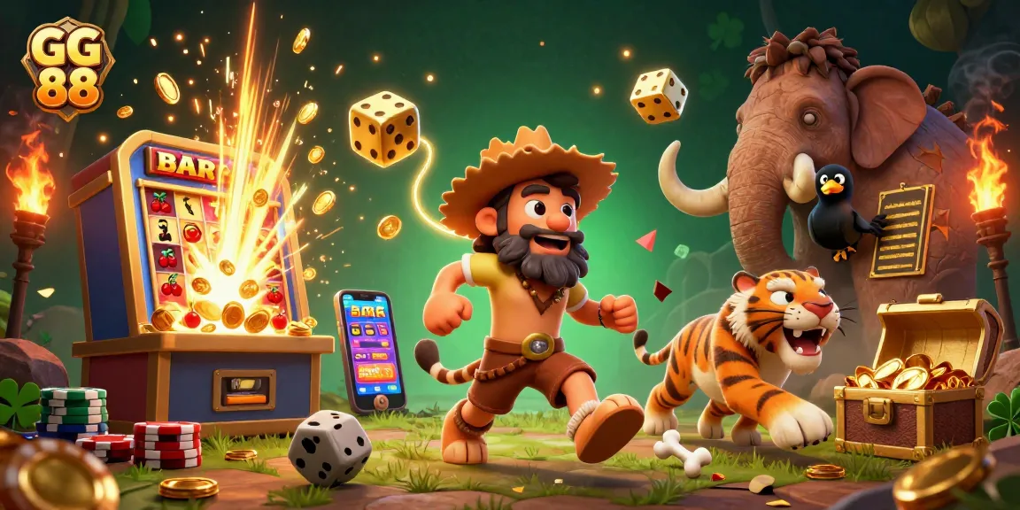 Experience thrilling excitement at GG 88 with our prehistoric casino featuring cavemen, slot machines, and more!