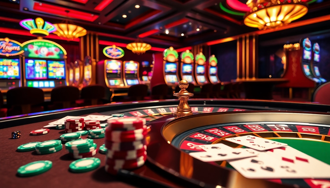 Experience the thrill of the 77ball game with vibrant chips, cards, and roulette in a luxurious casino atmosphere.