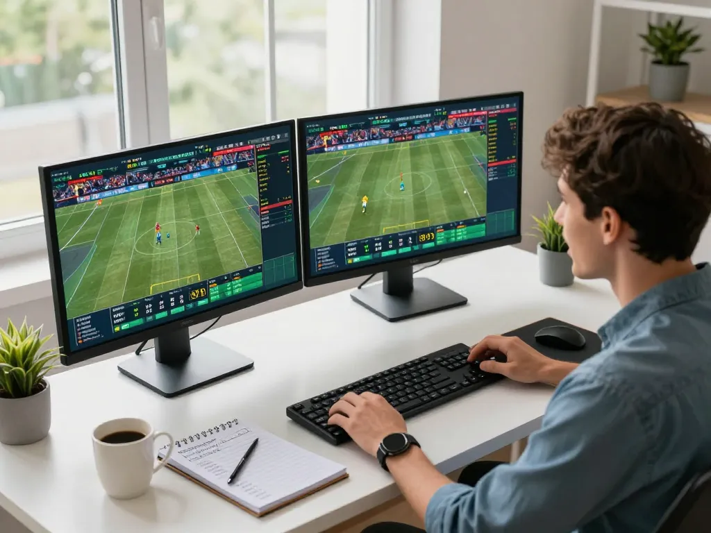 Engaged bettor making real-time bets on fabet's sports betting platform with vibrant setup.