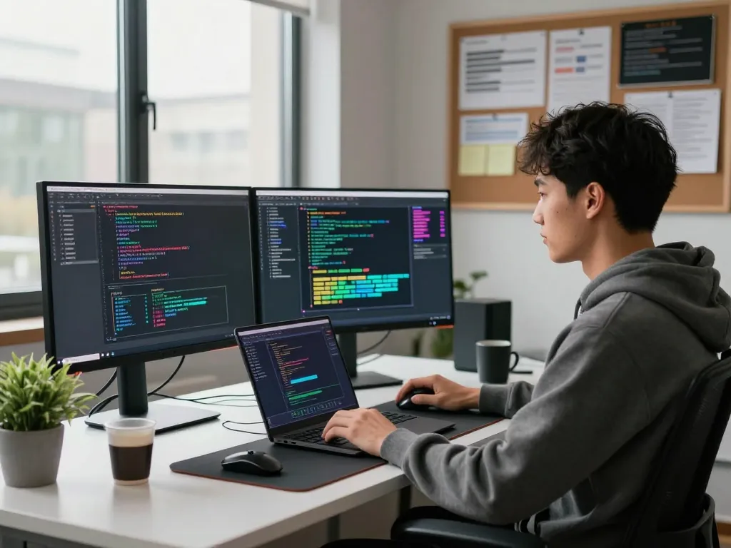 Developer using clawbot software in dynamic workspace with coding interface and modern tech elements.