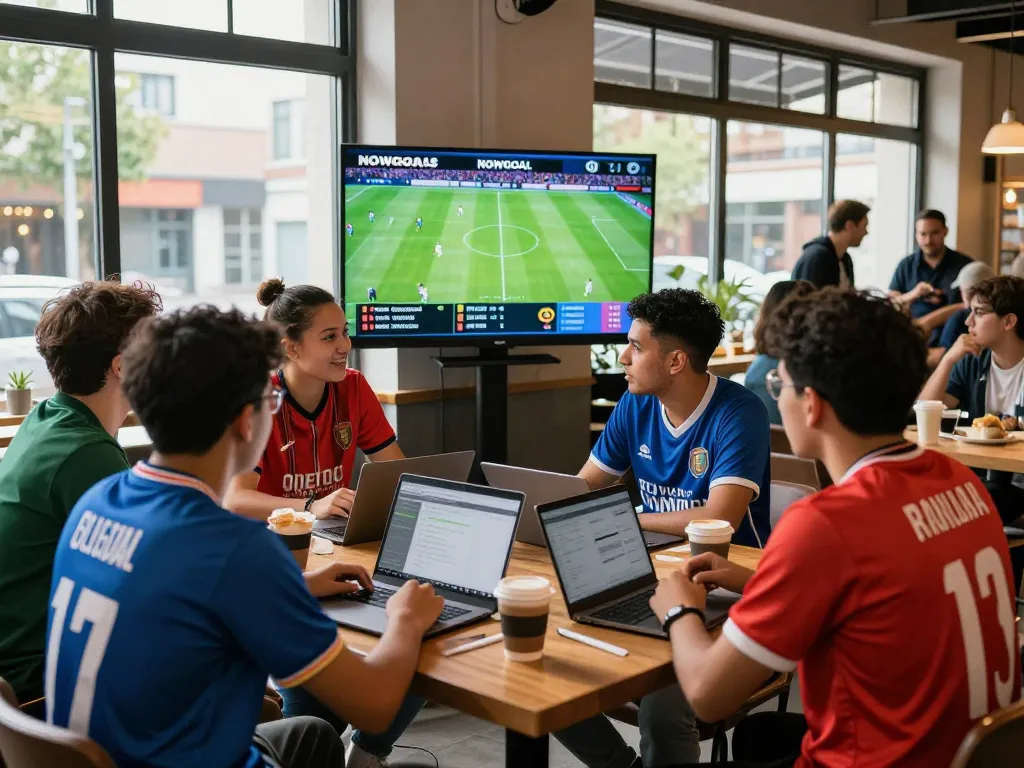 Football fans analyzing NOWGOAL live scores in a vibrant café, showcasing community and engagement.