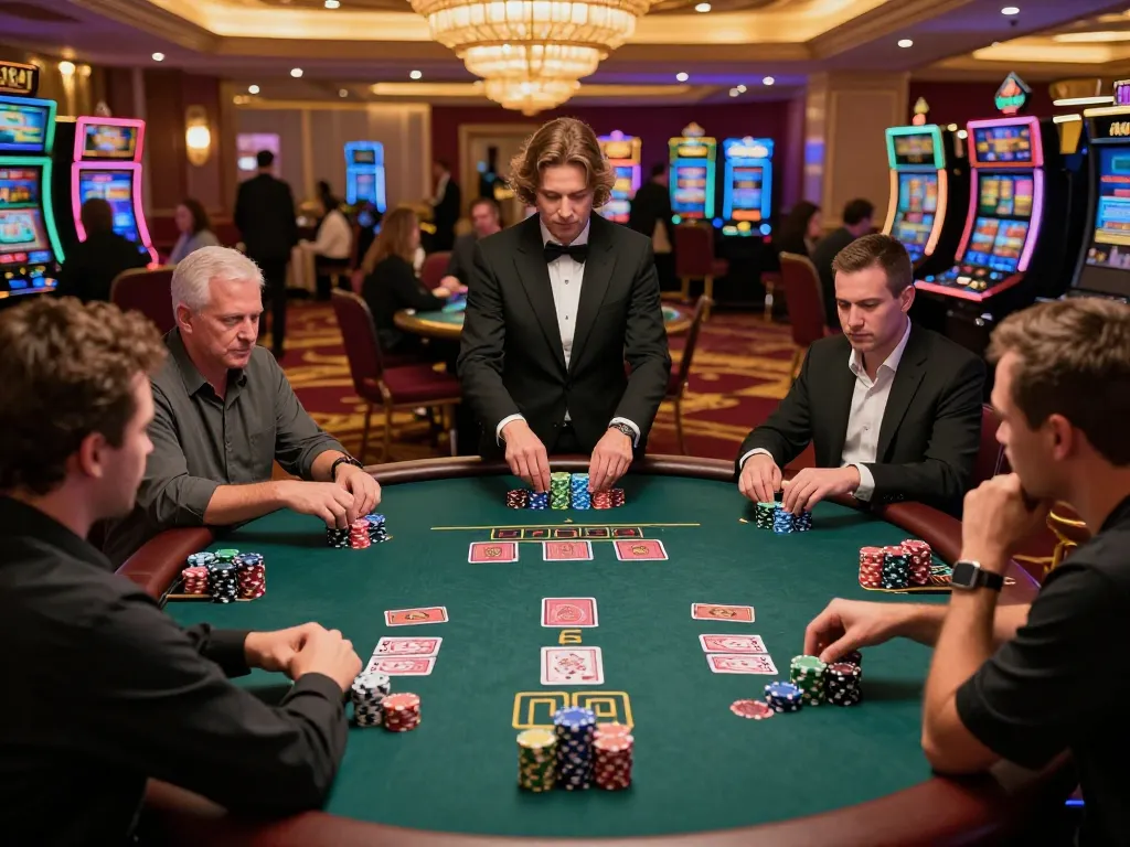 MM88 players strategizing during an intense blackjack game in a luxurious casino environment.