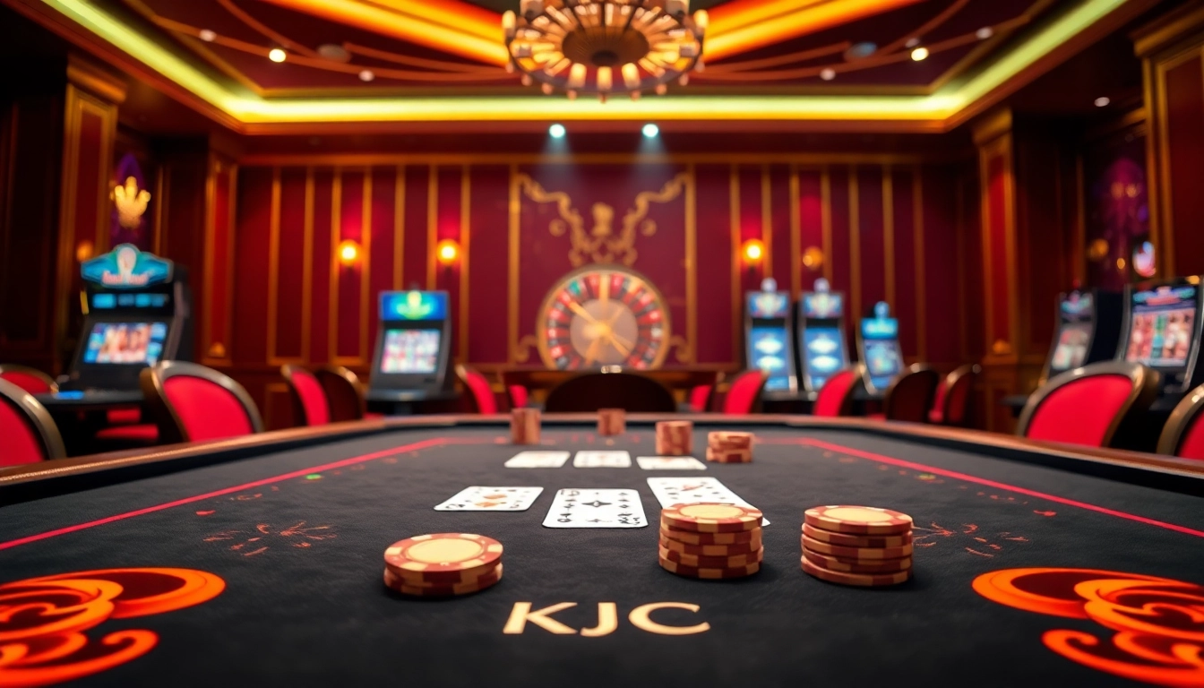 Engaging players around a KJC-themed poker table in a luxurious casino setting.