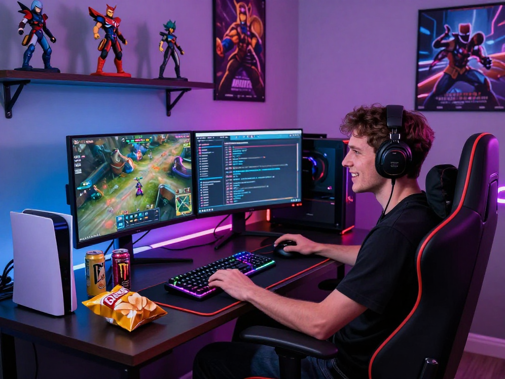 KOMBET168 gaming workspace with dual monitors, vibrant RGB lighting, and a dynamic setup.