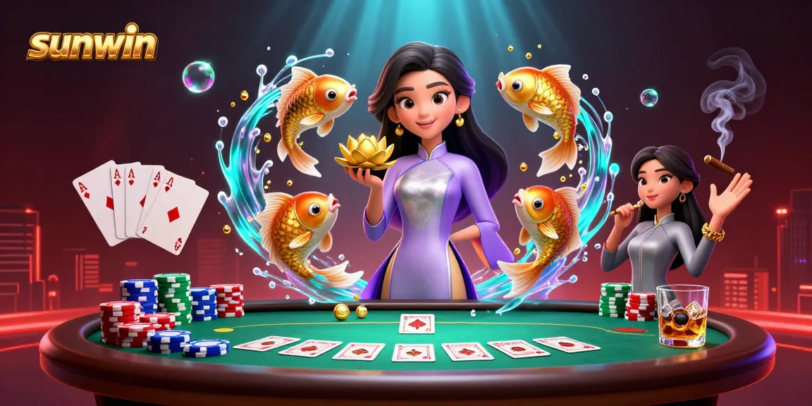 Experience thrilling gaming action at sunwin with a captivating illustration of poker elements and vibrant characters.