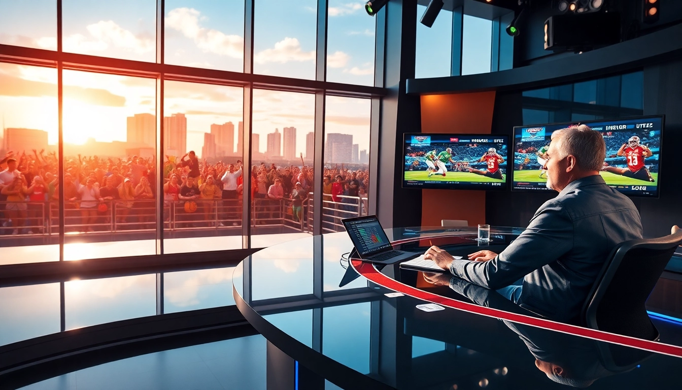 Engaging sports broadcasting scene showcasing a dynamic analyst delivering insights on live events.